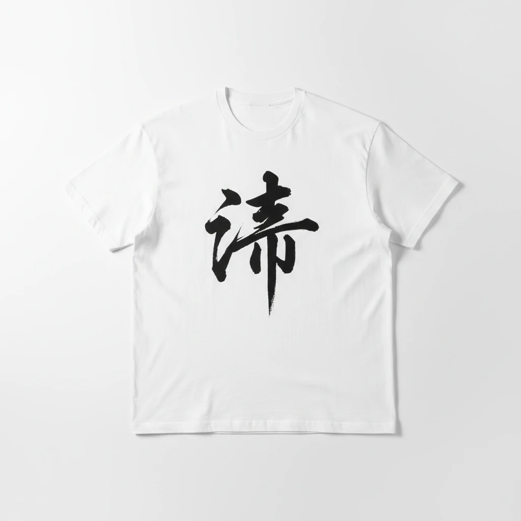 White cotton tee with bold black brushstroke calligraphy
