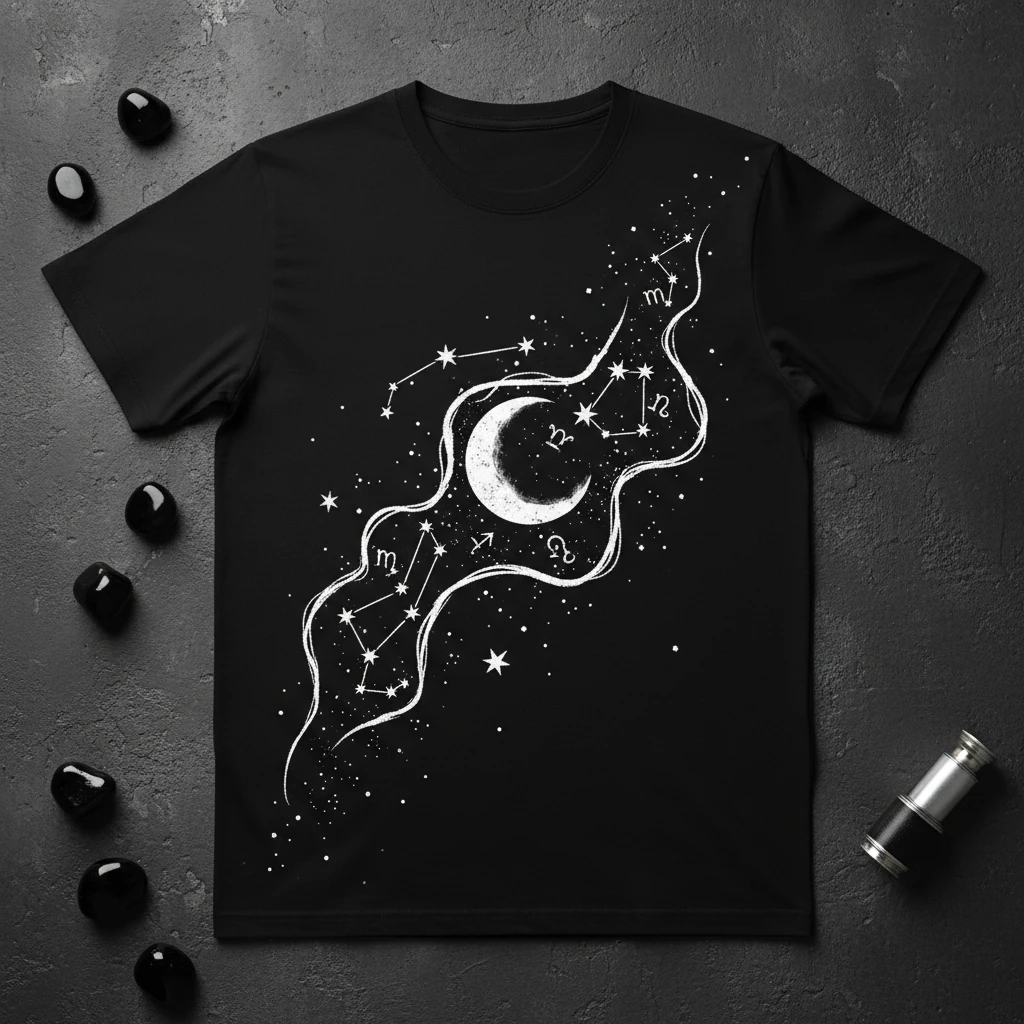 Black tee with a white crescent moon and constellation artwork