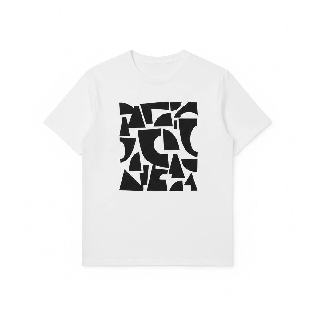 White cotton tee with an abstract black geometric block print