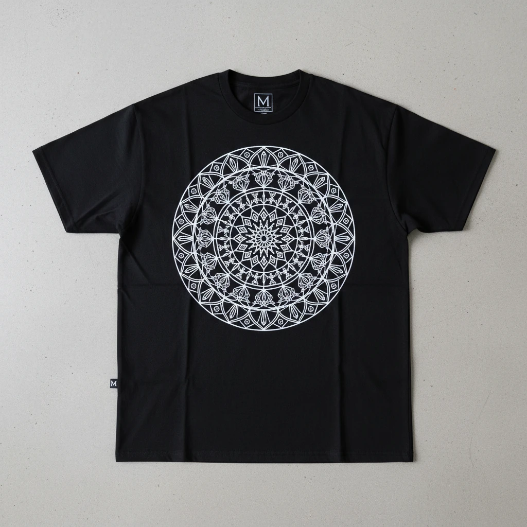 Black tee with an intricate white circular mandala graphic
