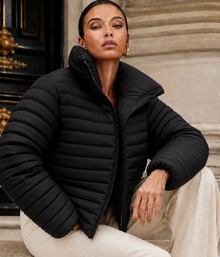 Model wearing a black quilted jacket