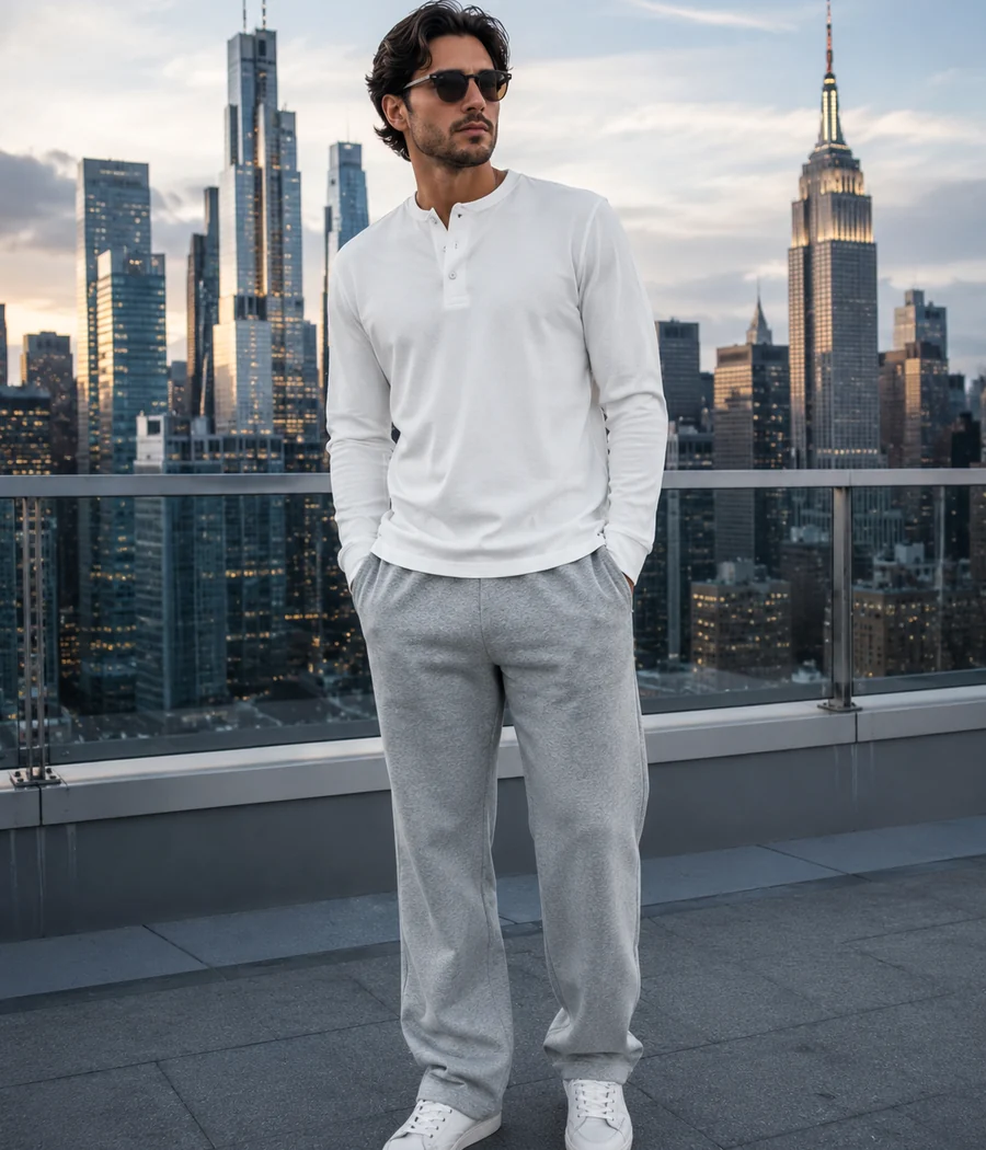 Model wearing a white top over the New York skyline