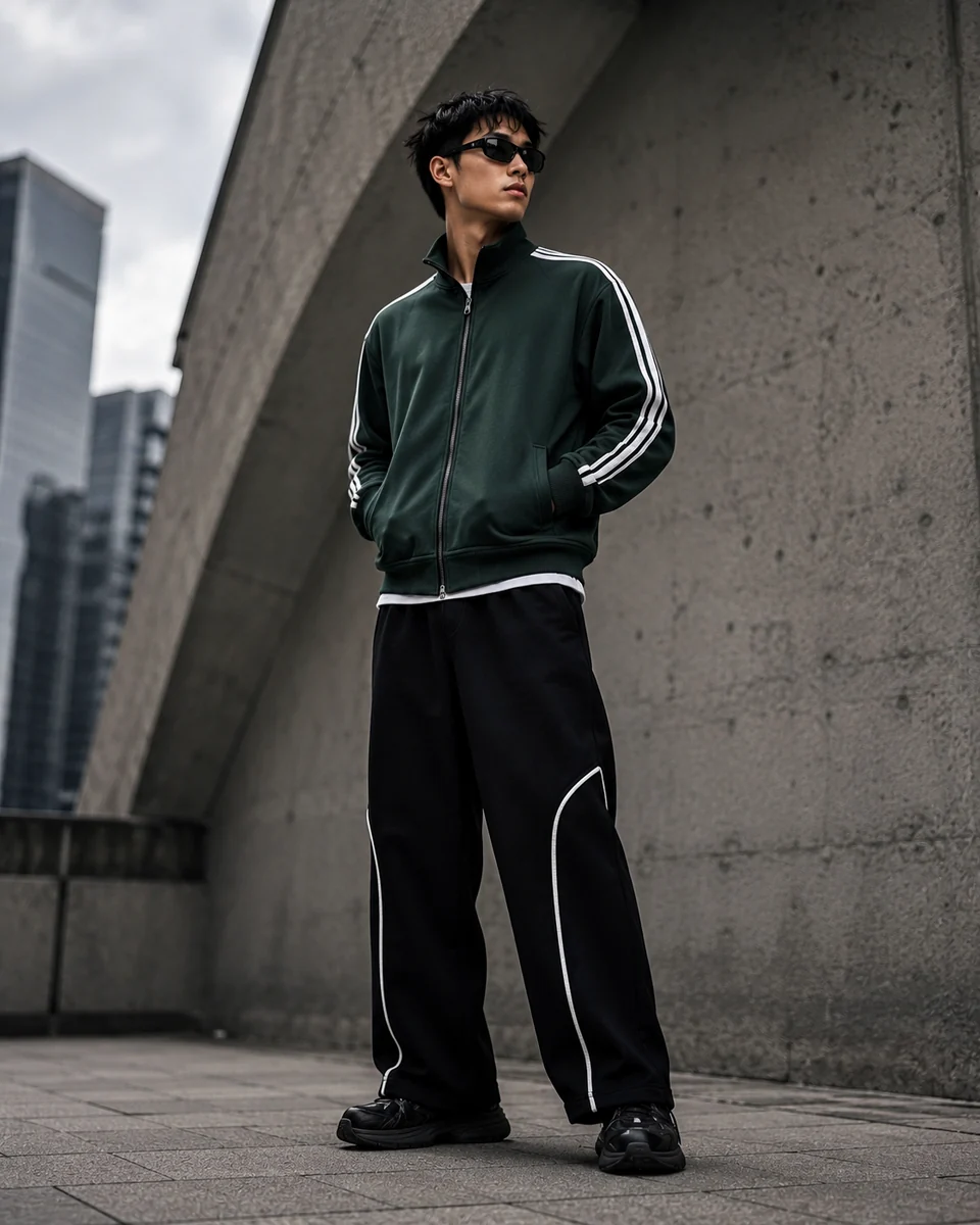 Kanchan Atelier model in a green track jacket